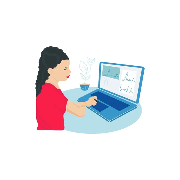 Platte Vormgeving Concept Van Online Onderwijs Het Meisje Achter Computer — Stockvector