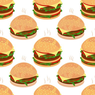 - Burger. Beyaz arka plan. Düz biçimde renk çizimi. Kusursuz desen.