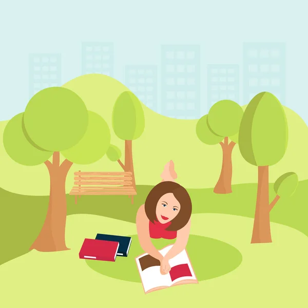 Young Woman Lying Park Grass Reading Book — стоковый вектор