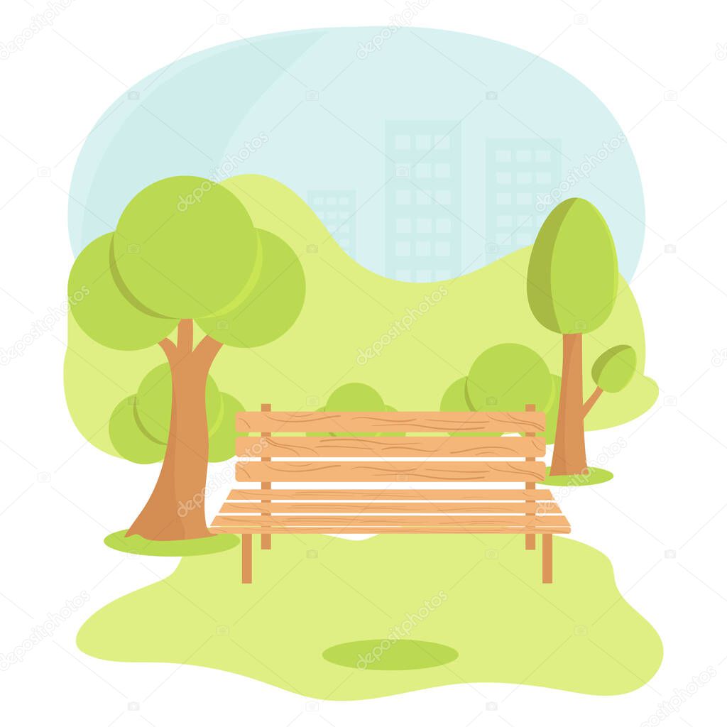 City recreation Park. Trees, sky grass bench