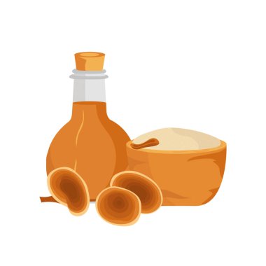 Reishi mantarı. Bardakta barut, şişede içki.. 