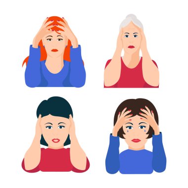 Kadın elleriyle başını tuttu ve ağladı. Hazır ol. Depresyon, keder, stres kavramı. Beyaz arkaplanda düz bir şekilde vektör çizimi.