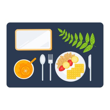 Kahvaltıda. Müsli, waffle, meyve suyu..