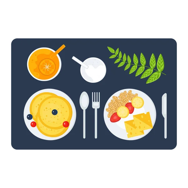 Sağlıklı ve lezzetli bir kahvaltı. Müsli, krep, portakal suyu. Menü için şablon — Stok Vektör