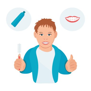 Diş teli takan bir genç. O, elinde bir fırça tutar. Vektör çizimi.