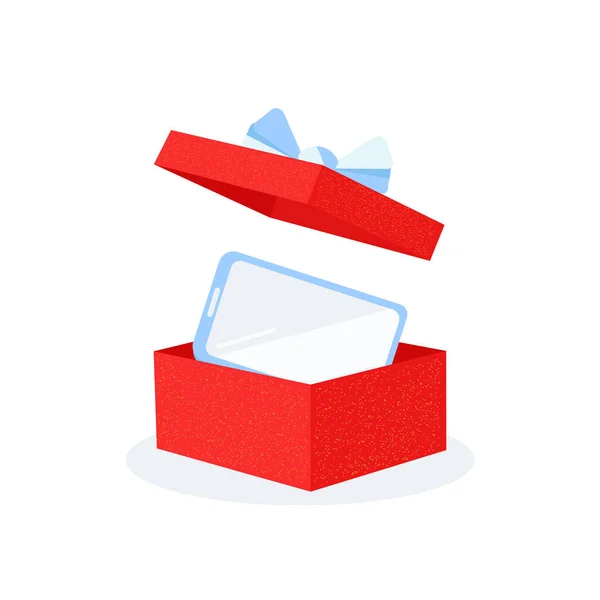 Ein roter Kasten mit einem Handy. Geschenk. — Stockvektor