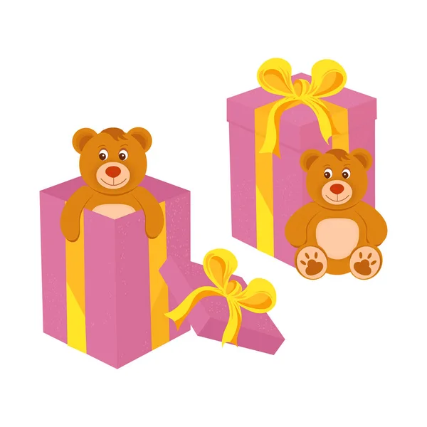 Ein Teddybär in einer Schachtel. Stofftier, Verpackung mit Schleife. — Stockvektor