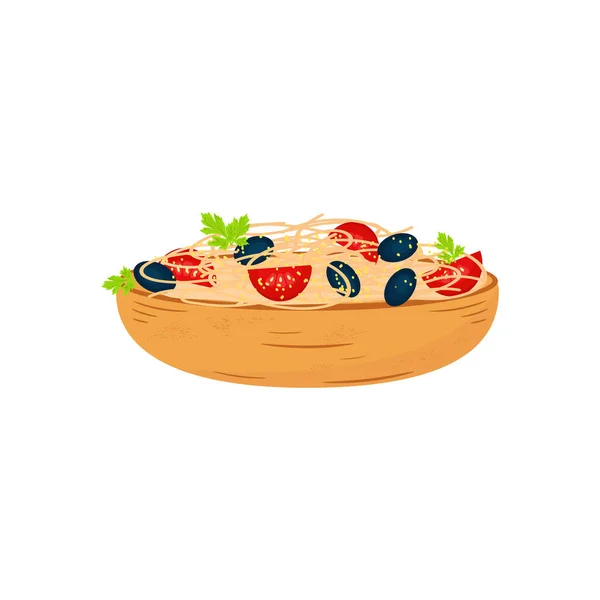 Des pâtes. Spaghettis aux tomates, olives, fromage et herbes — Image vectorielle