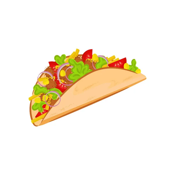 Tacos. Meksykańskie jedzenie. Mięso, warzywa, pomidory, sos — Wektor stockowy