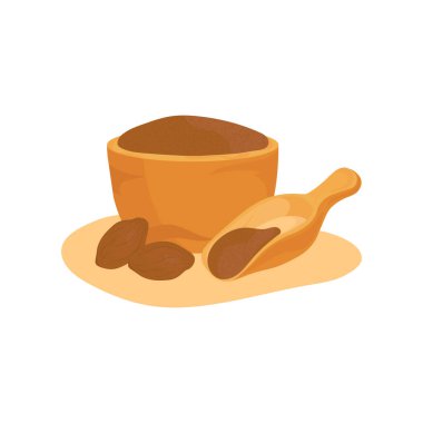 Haritaki. Kurutulmuş meyve, pudra. Bardak ve kepçe. 