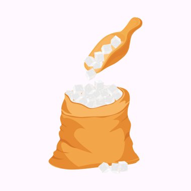 Rafine şeker. Çanta, şekerli kepçe. Düz bir şekilde vektör çizimi.