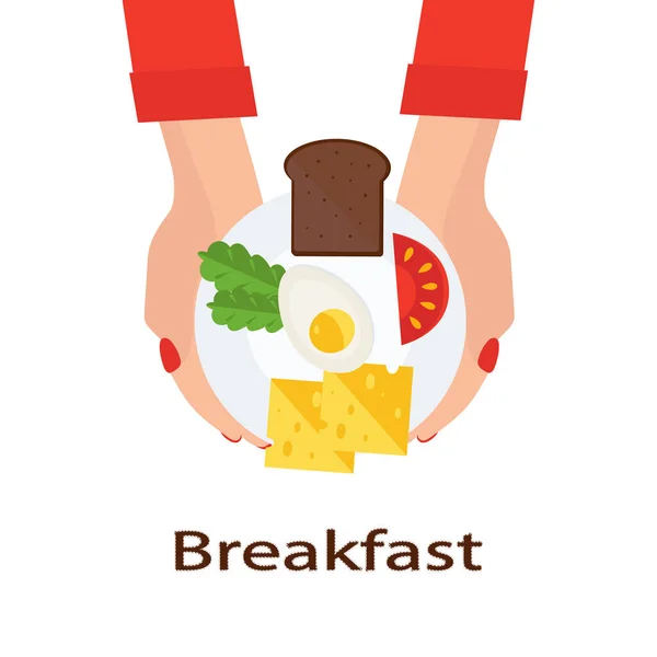 女性は食べ物の皿を持っている 健康的な朝食 — ストックベクタ