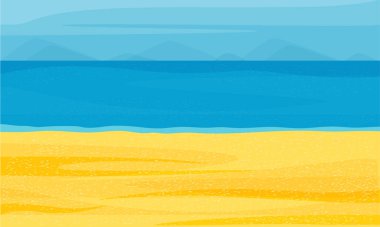 Plaj manzarası. Deniz kıyısında. Okyanus, kum, gökyüzü, dağlar.