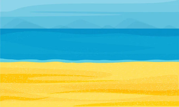 Paysage de plage. Au bord de la mer. Océan, sable, ciel, montagnes. — Image vectorielle