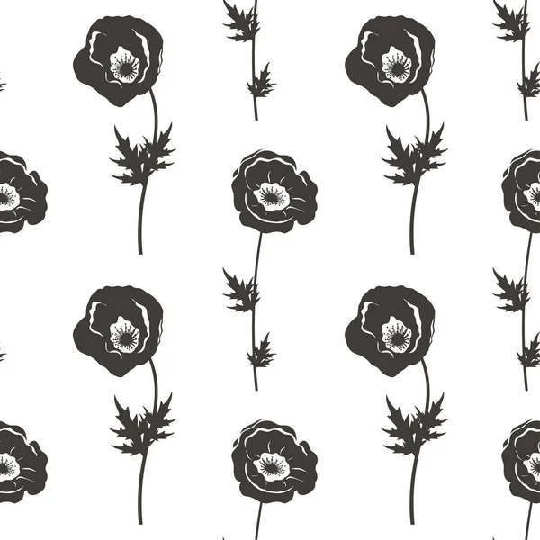 Fleur Pavot Fleurs Noires Blanches Sur Fond Blanc Sans Couture — Image vectorielle