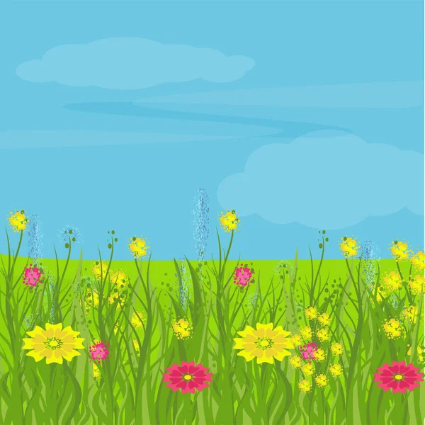 Eine Ebene Mit Grünem Gras Und Blumen Wiese Heller Bunter — Stockvektor