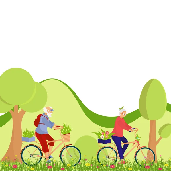 Idosos Pensionistas Andam Bicicleta Pessoas Passeio Floresta Parque —  Vetores de Stock