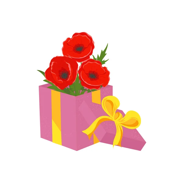 Drei Mohnblumen Einer Geschenkbox Eine Schachtel Mit Schleife Und Schleife — Stockvektor