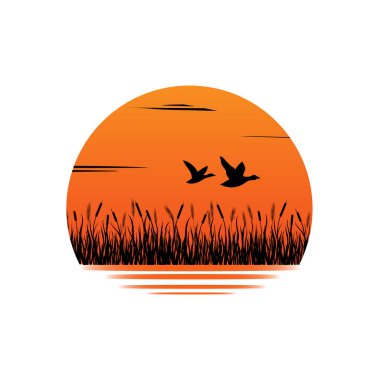 Gün batımı. Sazlıklar, sabitleyin. Ördekler ve kazlar uçuyor. Vektör logosu, amblem.