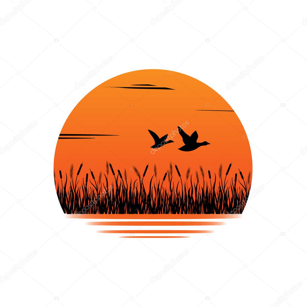 Sunset. Reeds, sedge. Ducks and geese are flying. Vector logo, emblem.