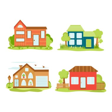 Modern evler. Ağaçlı ve pencereli ev cephesi.