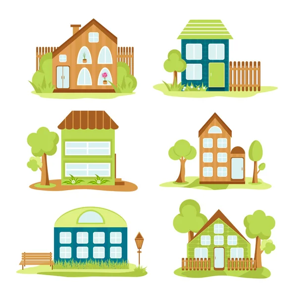 Modern houses. Front view. Home facade with trees and windows. — Stock Vector