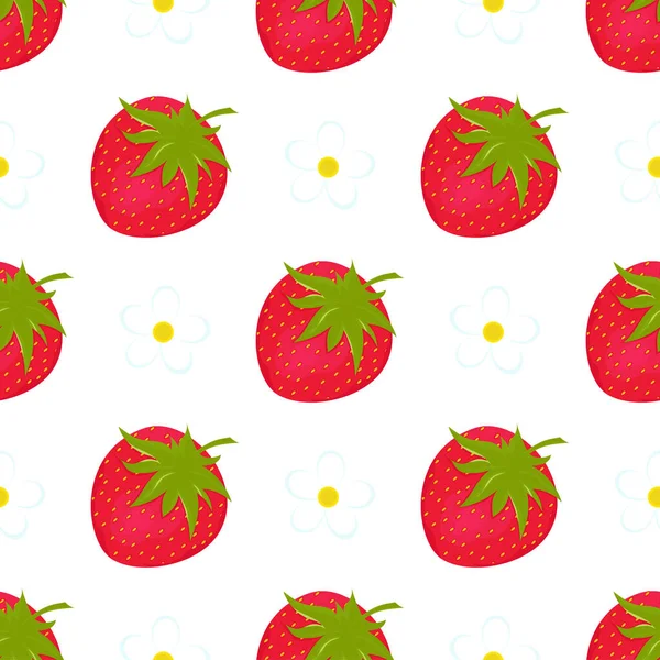 Colorful background with strawberries. Berries, flowers. Seamless pattern. — ストックベクタ