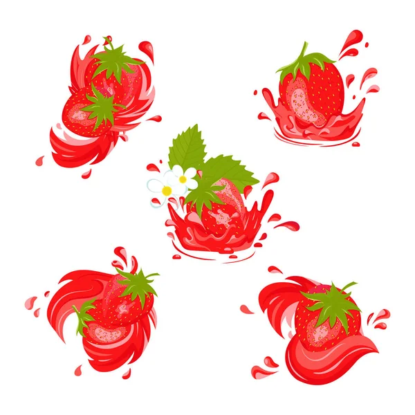 Fresas Jugo Fresa Salpicaduras Gotas Remolino Vector — Vector de stock