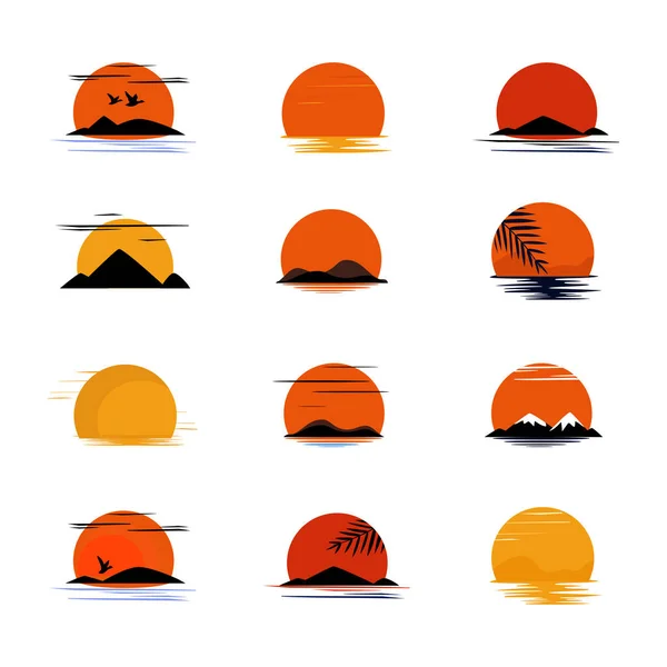 Coucher Soleil Montagnes Collines Eau Logo Vectoriel Emblème Silhouette Couleur — Image vectorielle