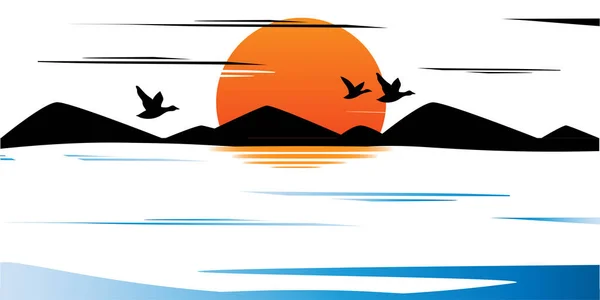 Pôr Sol Lago Montanhas Colinas Água Aves Migratórias —  Vetores de Stock