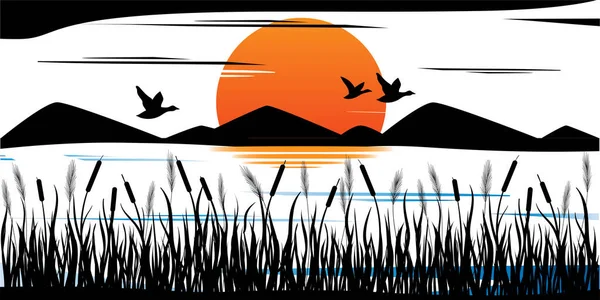 Sunset River Cattail Hills Water Ducks Flying Sky — Image vectorielle