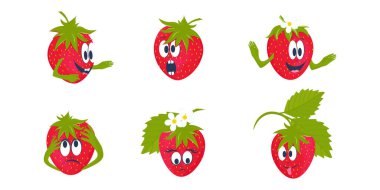 Çizgi film tarzında çilekler. Duygular ve ifadeler. Ayarla