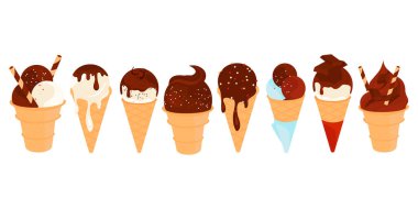 Çikolatalı dondurma koleksiyonu. Kremalı waffle külahı. Vektör