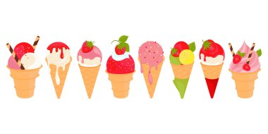 Çilekli dondurma seti. Lezzetli dondurma ve böğürtlenli waffle konisi.