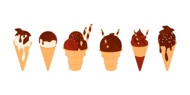 Çikolatalı dondurma. Beyaz arkaplanda vektör ayarlandı. 