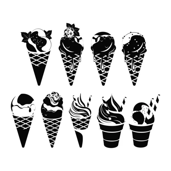 Ice Cream Set Black Silhouette — Vector de stock