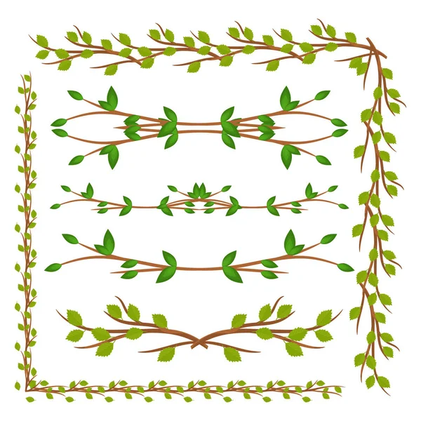 Set Borders Corners Made Leaves Branches Vector — Wektor stockowy