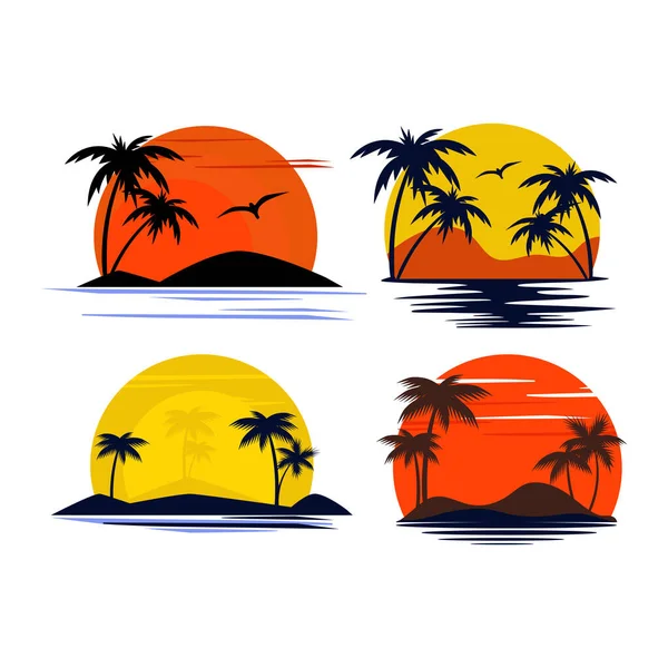 Остров Пальмами Закат Океан Пальмы Логотип Эмблема Векторное Множество — стоковый вектор