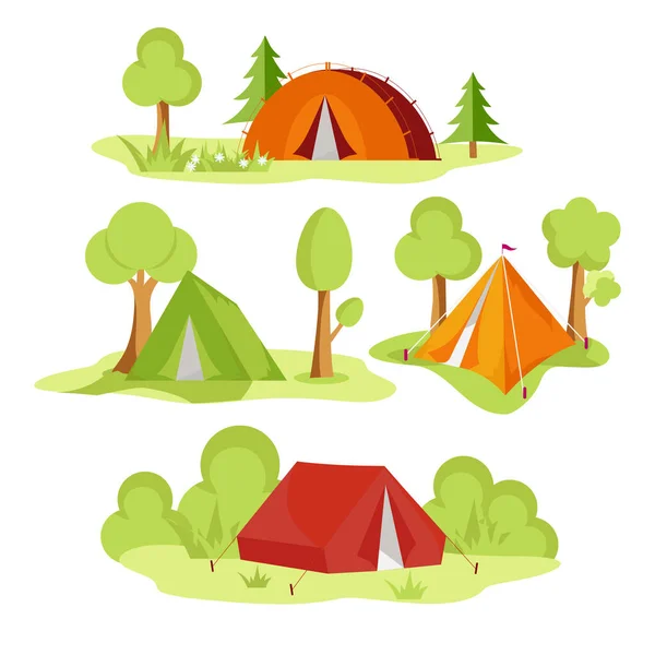 Набор Палаток Лагерь Лесу Поляне Концепция Летних Каникул Туризма — стоковый вектор