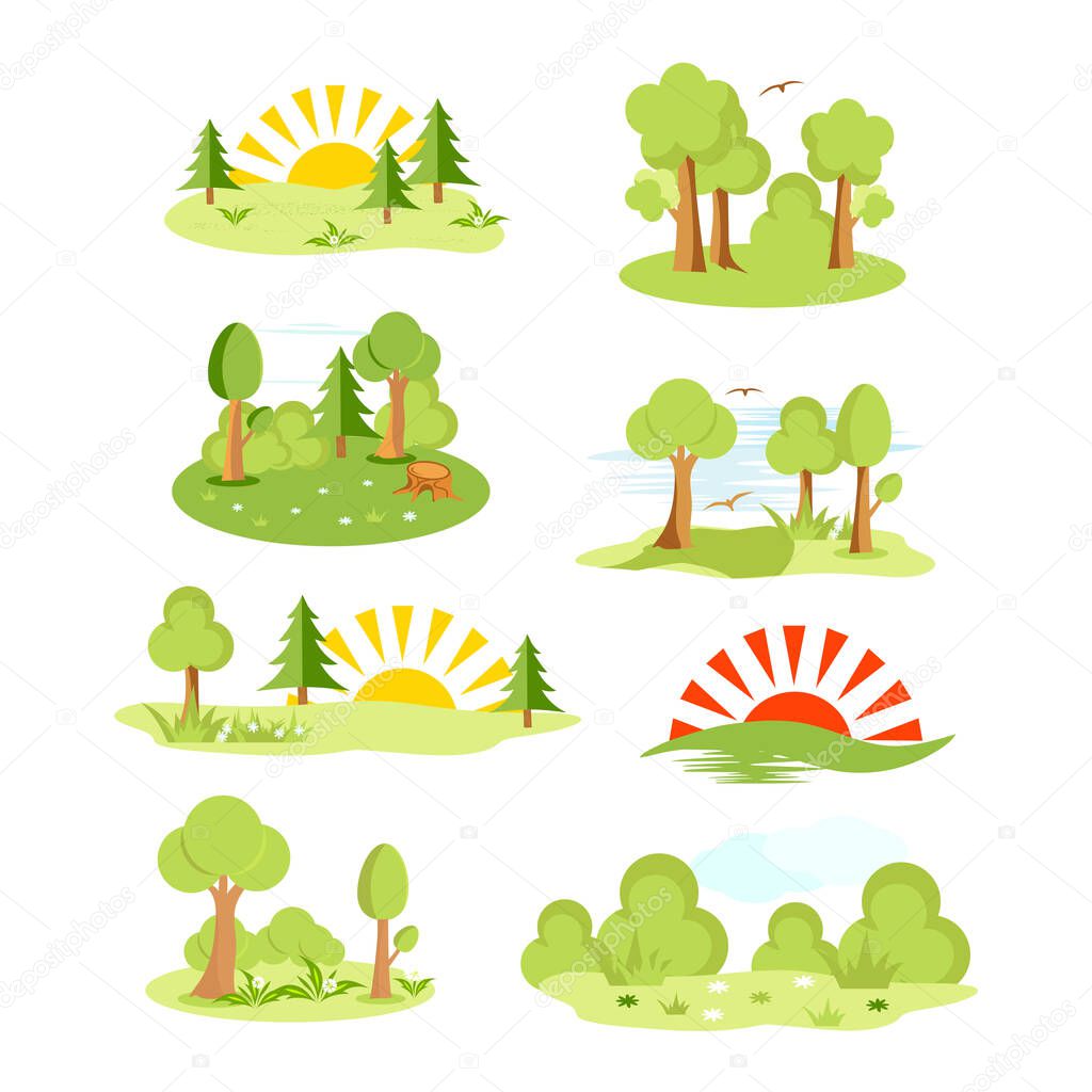 Meadow, clearing in the forest with trees, bushes, grass. City park. Vector