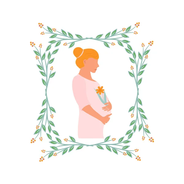 Беременная Женщина Стоит Боком Держит Цветок Понятие Материнства Векторная Иллюстрация — стоковый вектор
