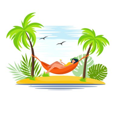 Bir kadın hamakta yatıyor. Kız dinleniyor ve martini içiyor. Palmiye ağaçları büyür, okyanus her yerdedir. Tatil kavramı, tatil. Vektör illüstrasyonu