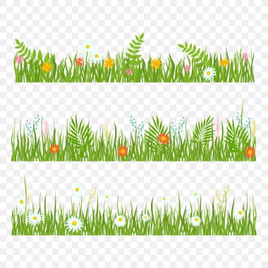 Renkli çiçekler ve yeşil çimenler. Meadow, temizleniyor. Vektör seti.