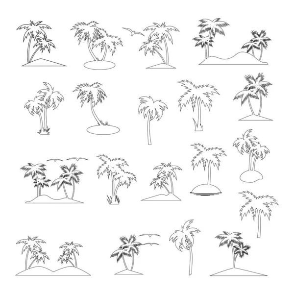 Des Palmiers Une Île Contour Ensemble Vectoriel Sur Fond Blanc — Image vectorielle