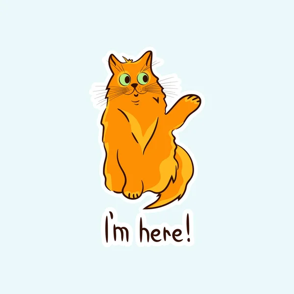 Cheerful Red Cat Waves His Paw Vector Illustration Cartoon Style — Stockvektor