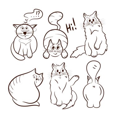 Bir grup komik kedi. Beyaz arkaplanda çizim.