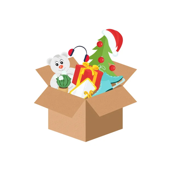 Open Box New Years Gifts Christmas Tree Bear Phone Vector — Stockvektor