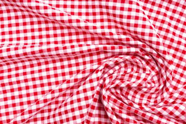 Kumaş tekstil buruşmuş arka plan. Masa örtüsü pikniği Kırmızı, beyaz doku kontrolörleri.