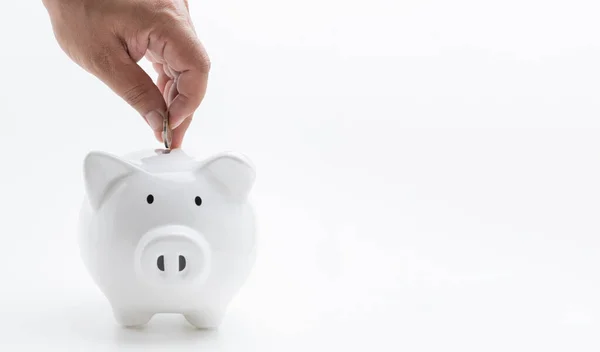 Hand Zakenman Geld Besparen Witte Spaarvarken Bank Witte Achtergrond Met — Stockfoto