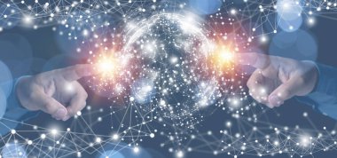 İş adamı sanal dünya ağındaki bir ekrana dokunuyor ve geleceğe doğru veri alışverişi yapıyor. dijital internet ağı çevrimiçi, iş konsepti, teknoloji, ağ bağlantısı. 